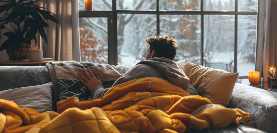 Rapaz jovem embaixo das cobertas na sala em um dia frio